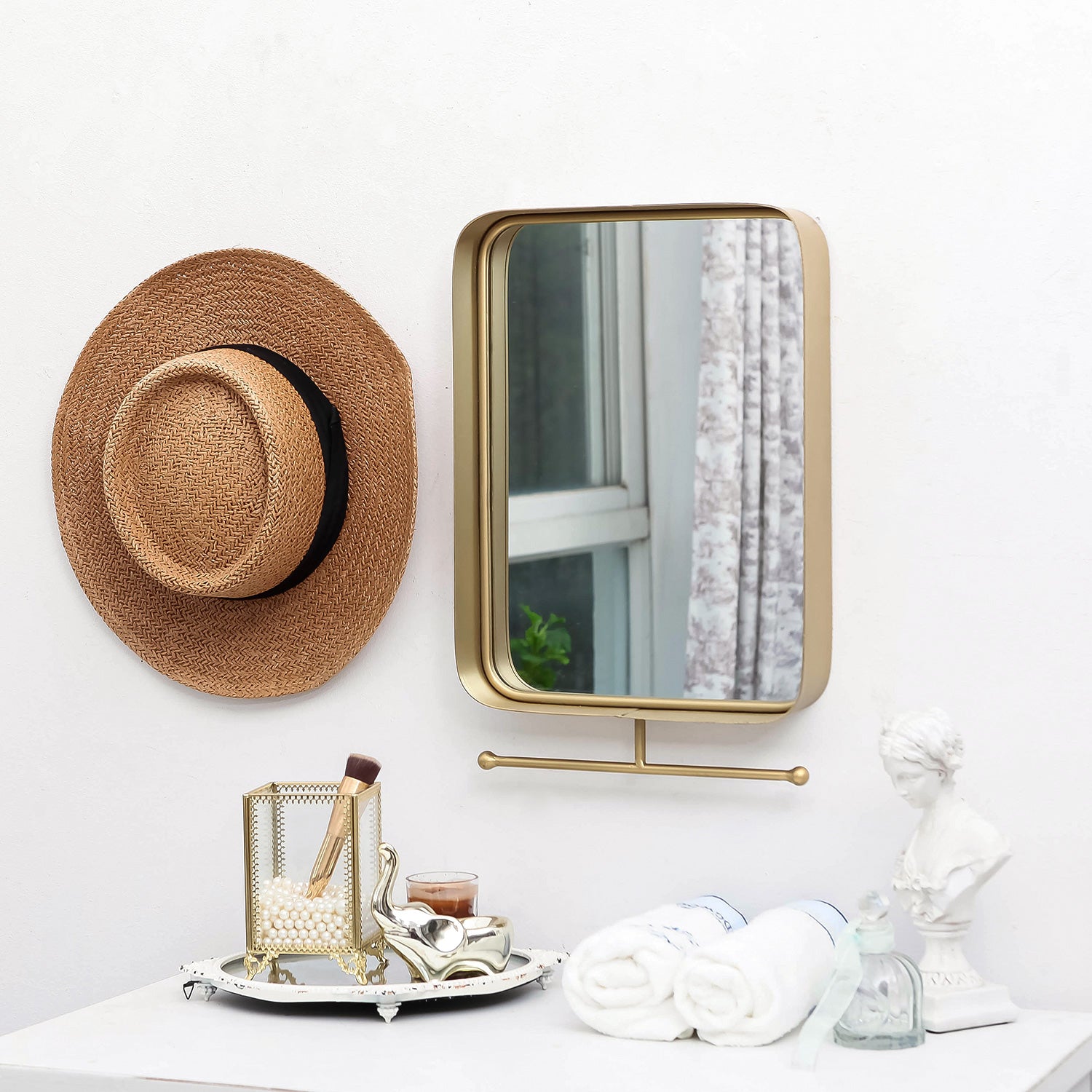 NIKKY HOME Square Modern Bathroom Wall Mirror with Towel Bar, Gold