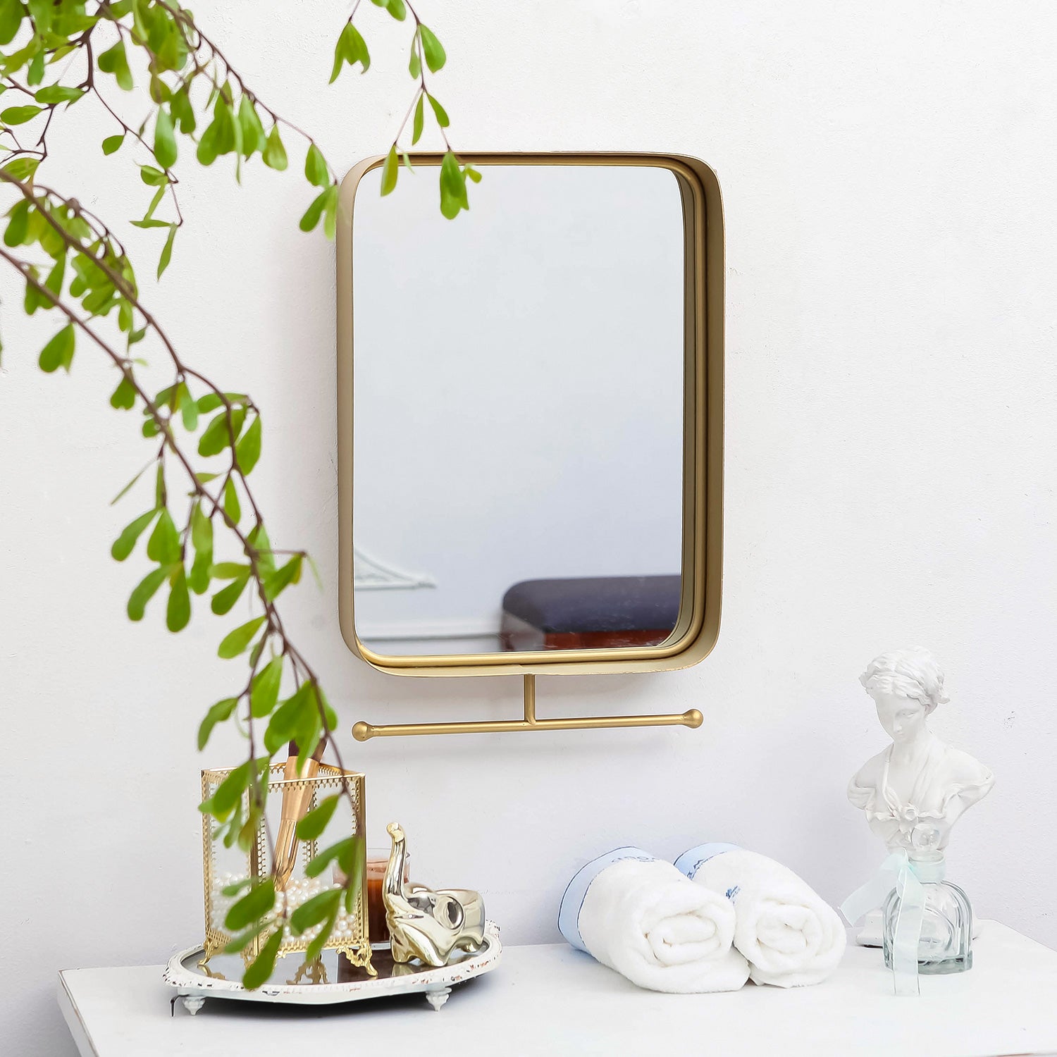 NIKKY HOME Square Modern Bathroom Wall Mirror with Towel Bar, Gold