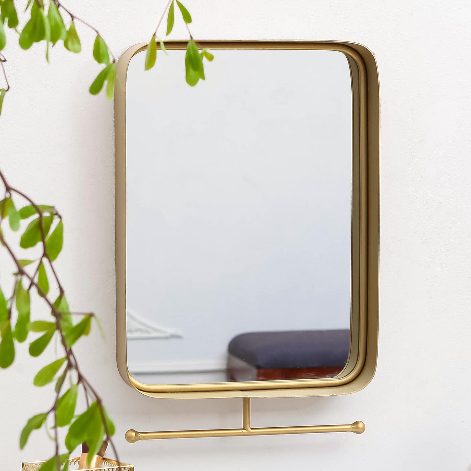 NIKKY HOME Square Modern Bathroom Wall Mirror with Towel Bar, Gold