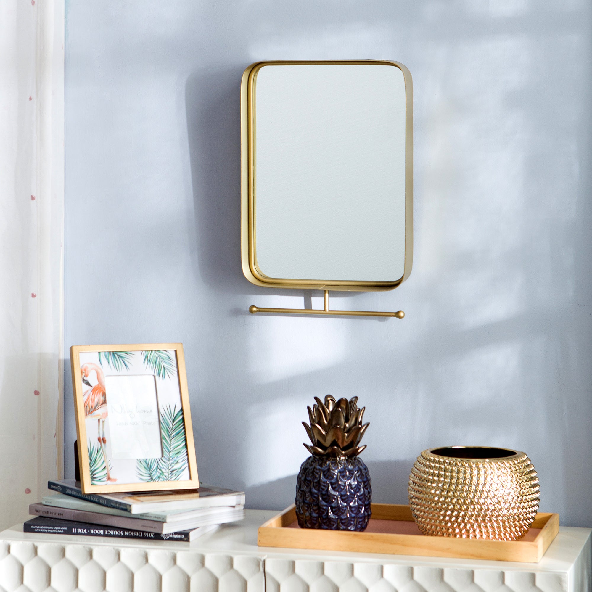 NIKKY HOME Square Modern Bathroom Wall Mirror with Towel Bar, Gold