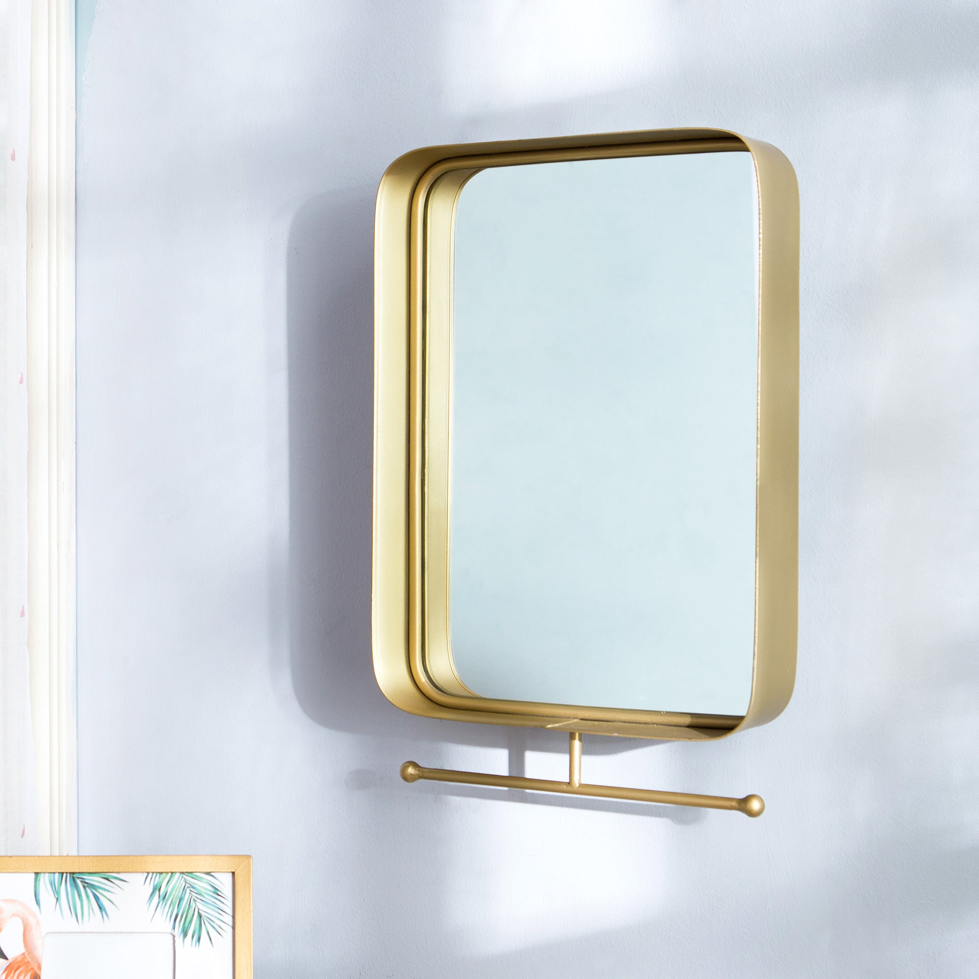 NIKKY HOME Square Modern Bathroom Wall Mirror with Towel Bar, Gold