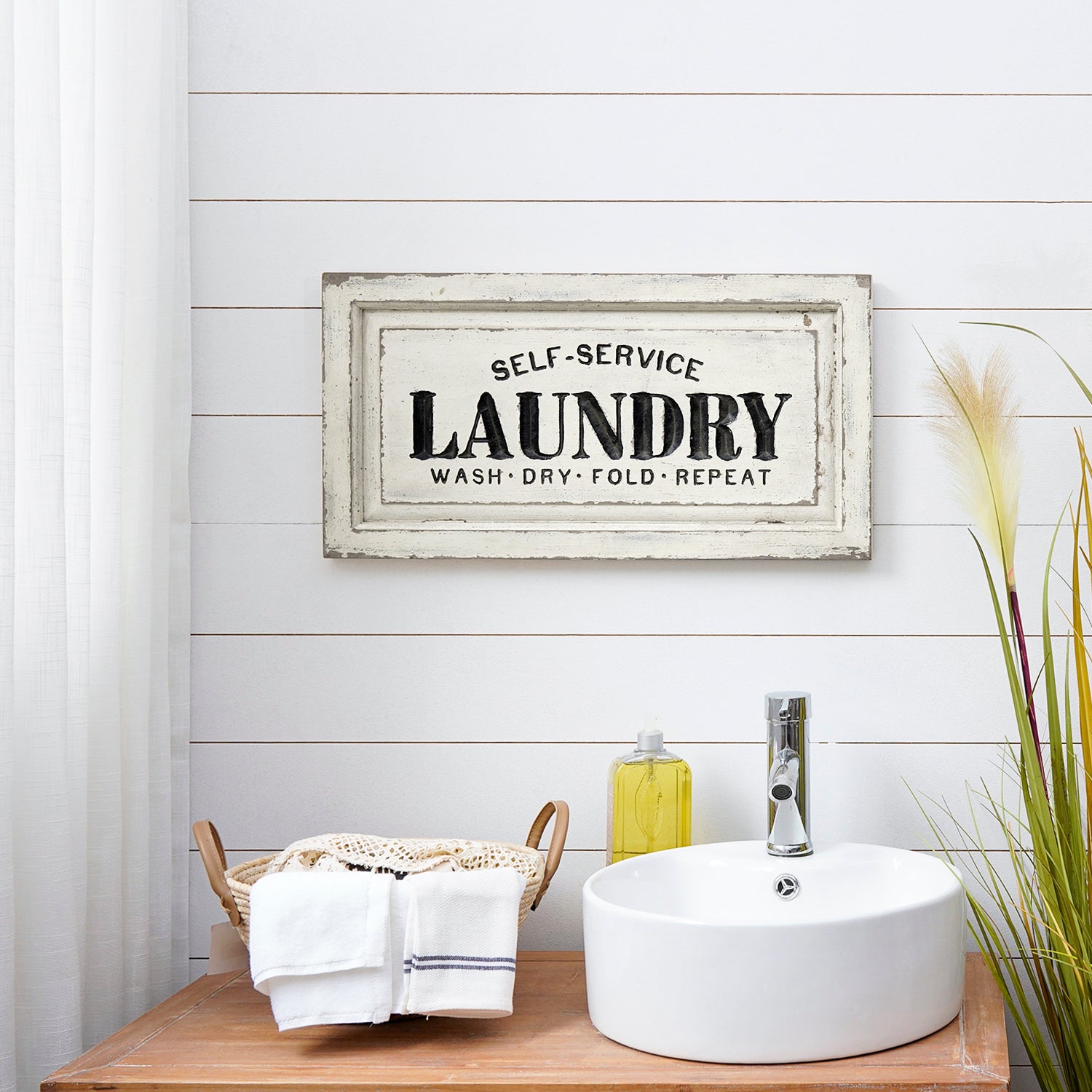 NIKKY HOME 24 x 13 Rustic Self Service Wood Laundry Sign