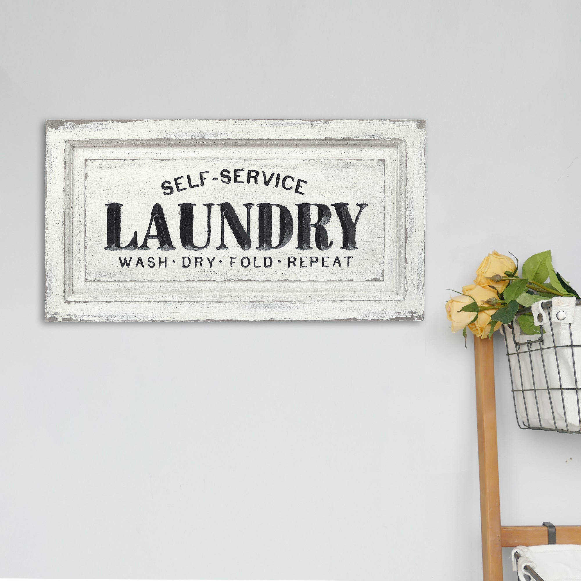 NIKKY HOME 24 x 13 Rustic Self Service Wood Laundry Sign