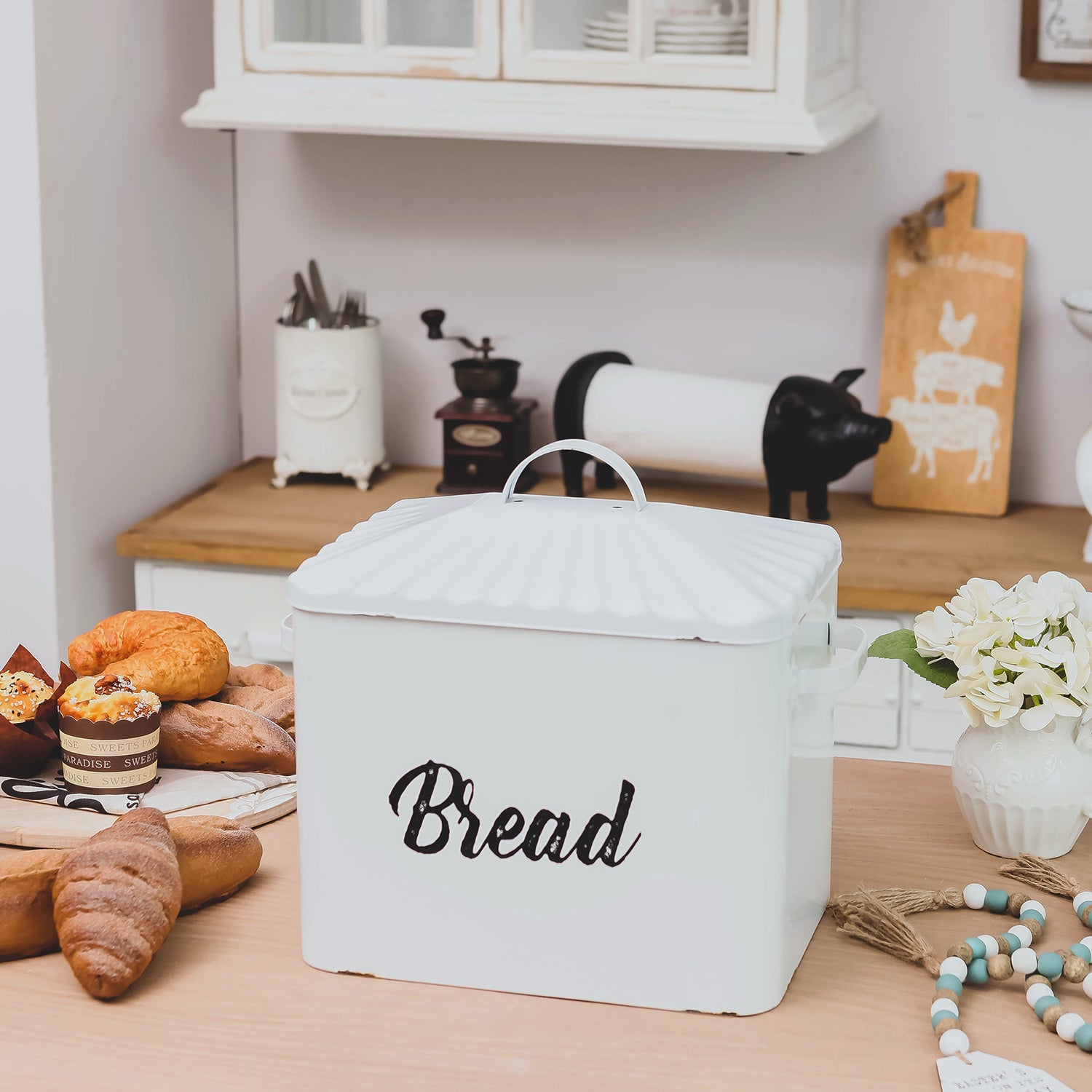 Nikky Home White Metal Bread Box With Lid