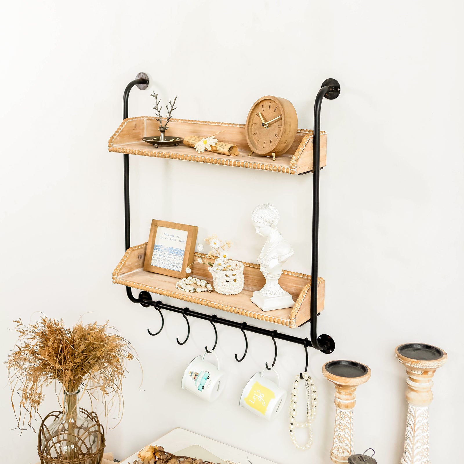 Nikky Home 2 Tiered Metal Bracket Wood Beaded Wall Shelf