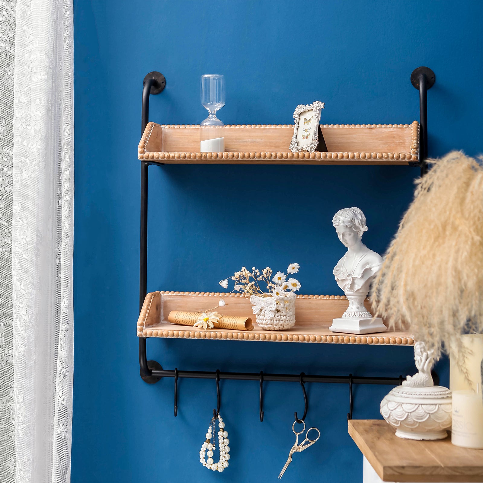 Nikky Home 2 Tiered Metal Bracket Wood Beaded Wall Shelf