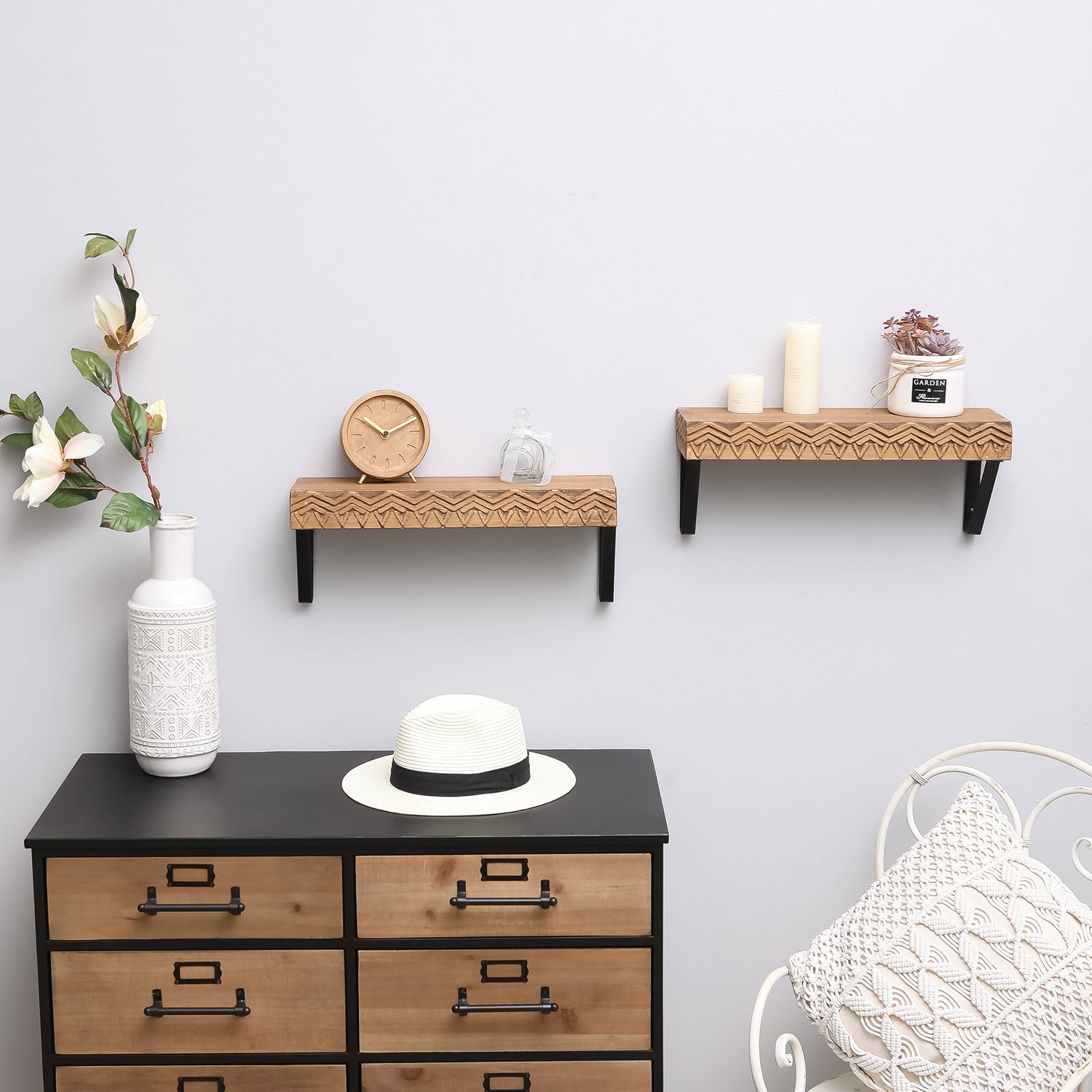 Nikky Home 2 Piece Metal Bracket Carved Wood Shelf Set