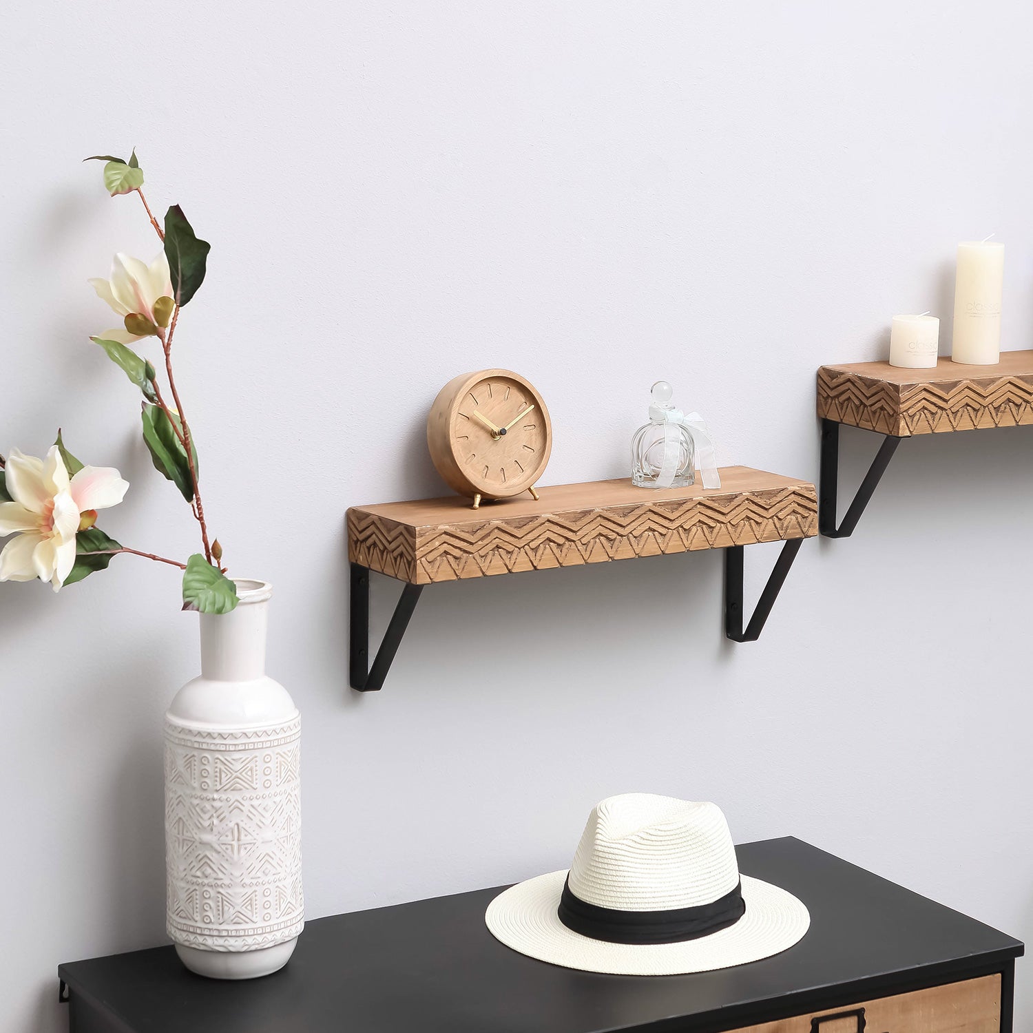 Nikky Home 2 Piece Metal Bracket Carved Wood Shelf Set