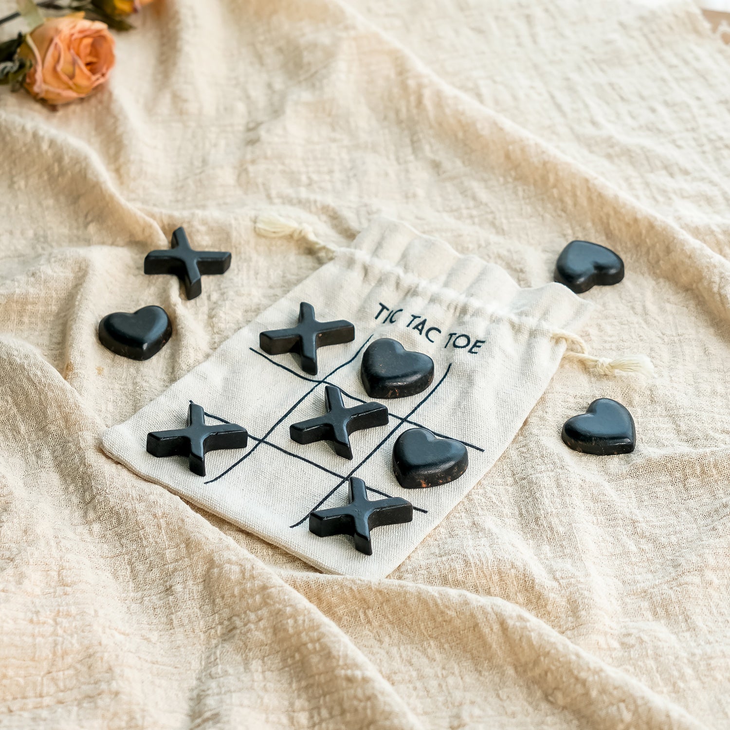 NIKKY HOME Black Heart & Cross Tic Tac Toe 3D Board Game with Cloth Bag