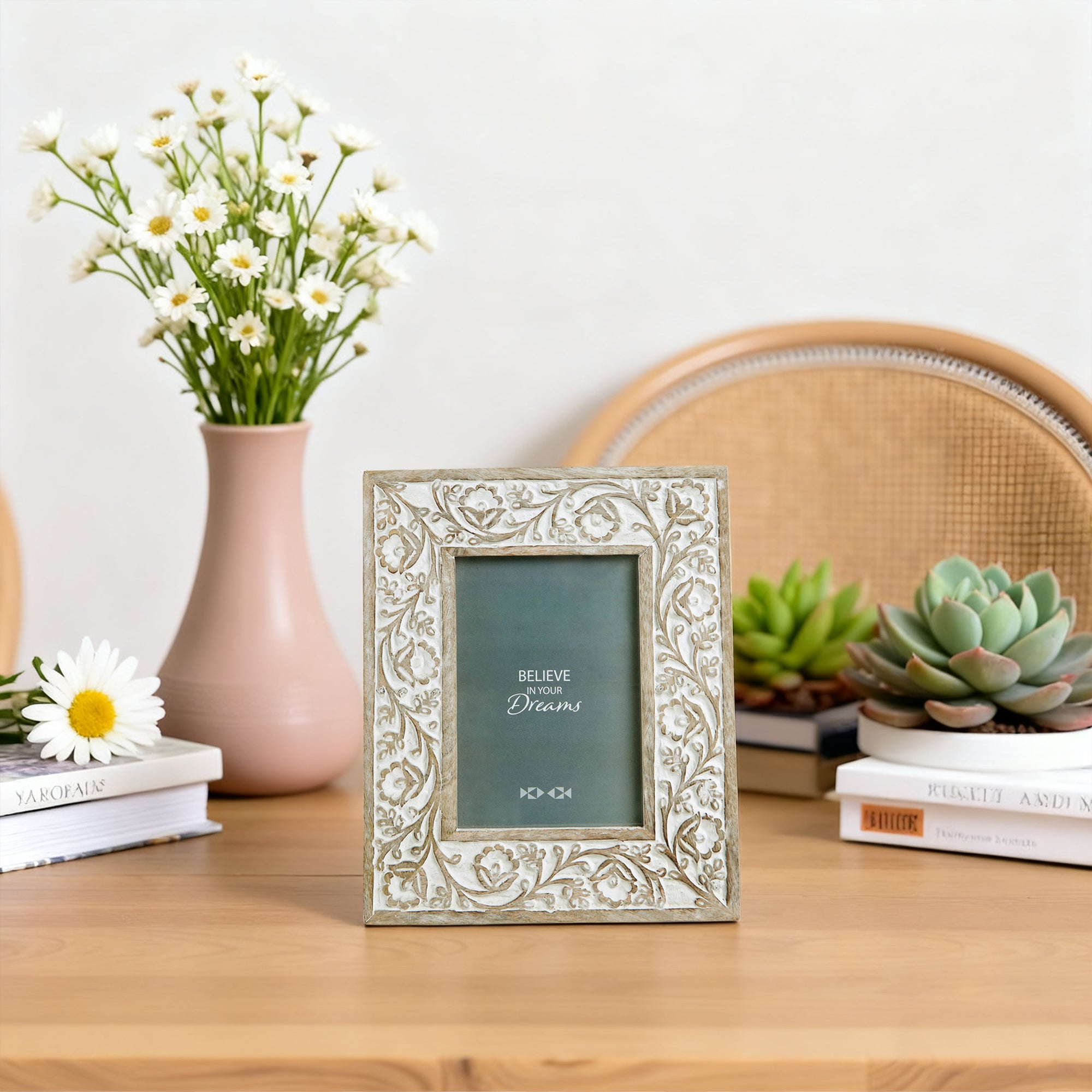 Nikky Home Boho Style Carved Flower Wooden Picture Frame
