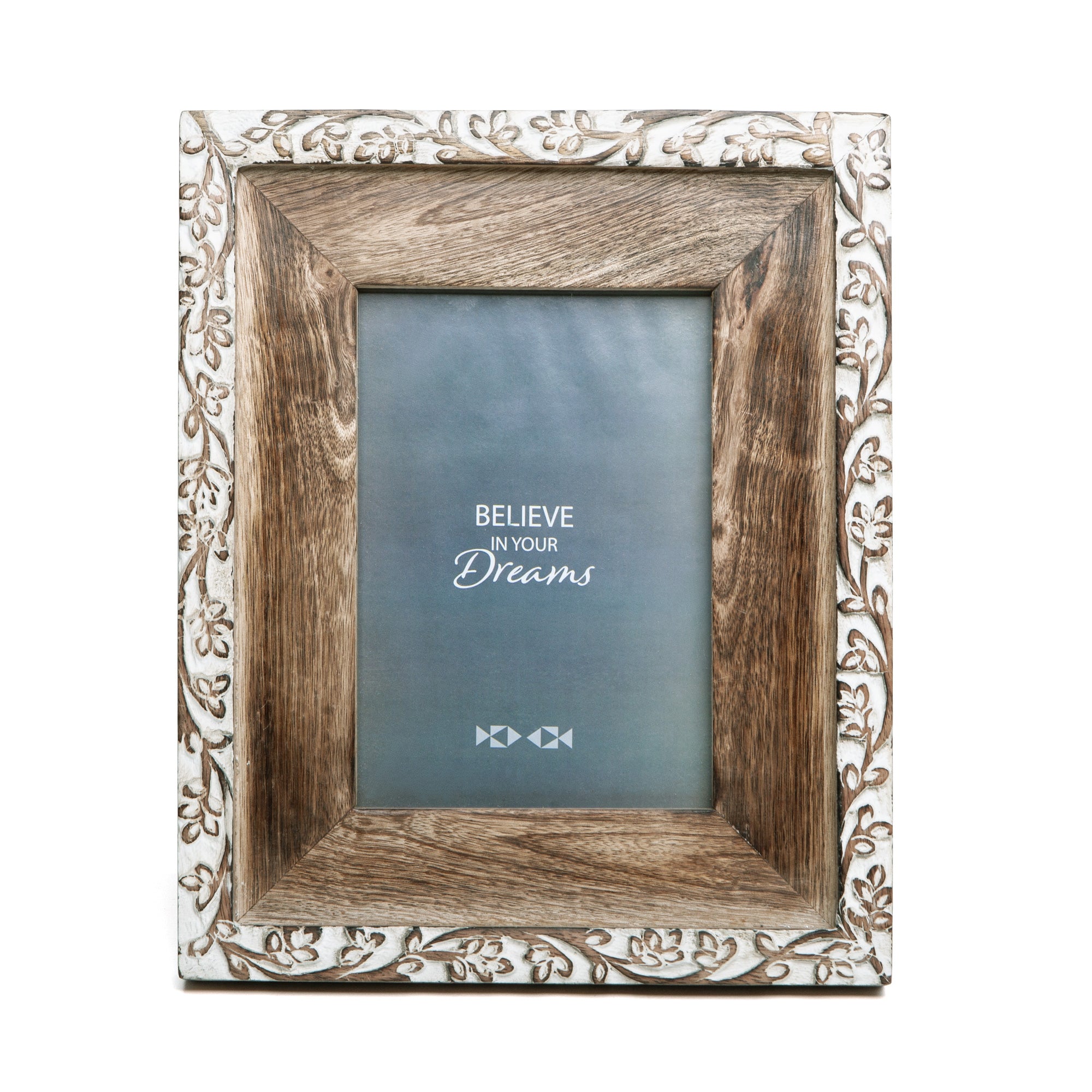 NIKKY HOME Hand Carved Floral Picture Frame 5x7 Rustic Boho Style Mango Wood Design with White Distressed Finish, Dark Wood Color