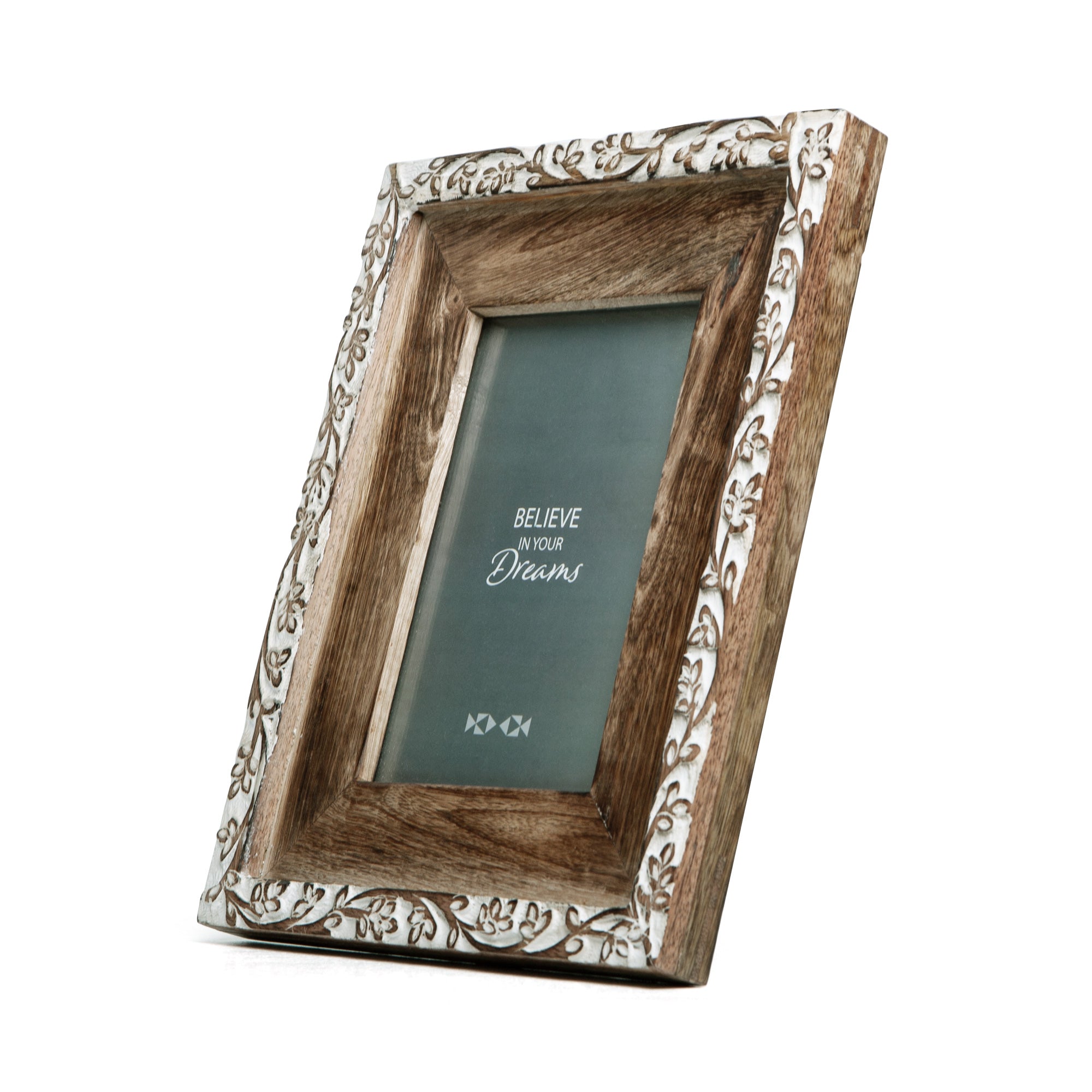 NIKKY HOME Hand Carved Floral Picture Frame 5x7 Rustic Boho Style Mango Wood Design with White Distressed Finish, Dark Wood Color