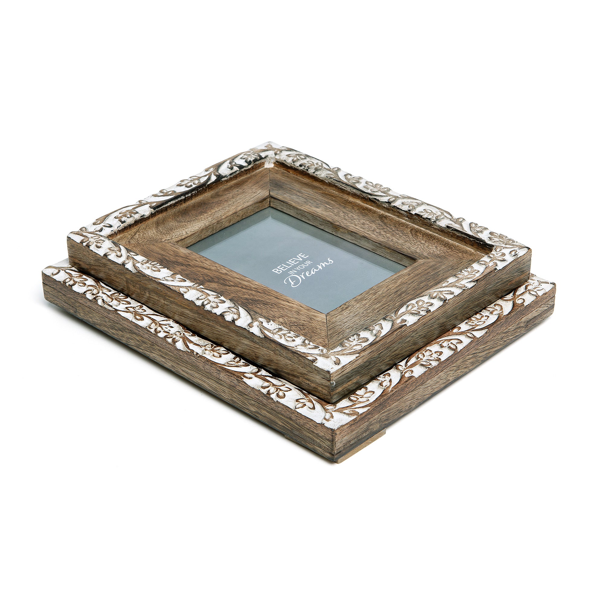 NIKKY HOME Hand Carved Floral Picture Frame 5x7 Rustic Boho Style Mango Wood Design with White Distressed Finish, Dark Wood Color