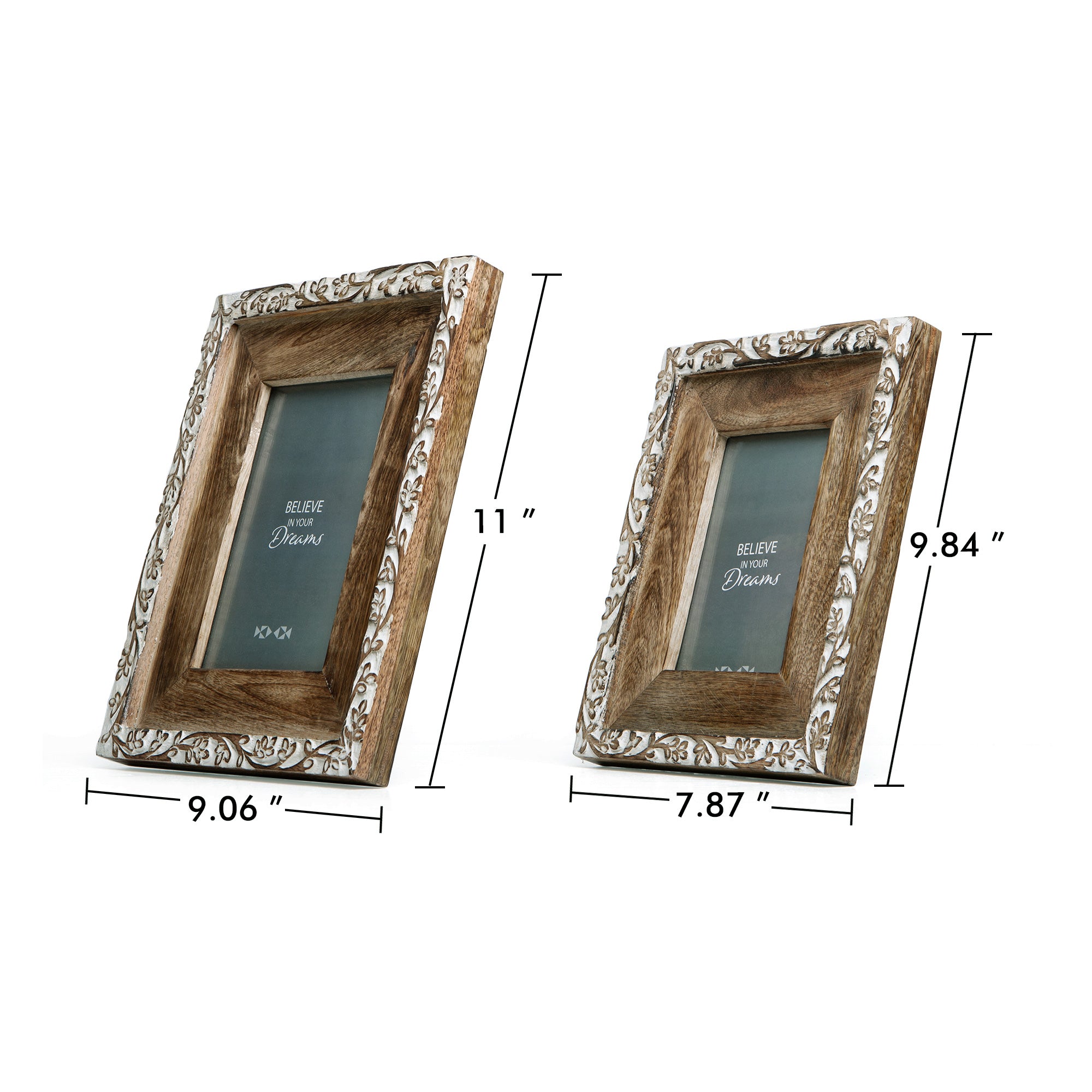 NIKKY HOME Hand Carved Floral Picture Frame 5x7 Rustic Boho Style Mango Wood Design with White Distressed Finish, Dark Wood Color