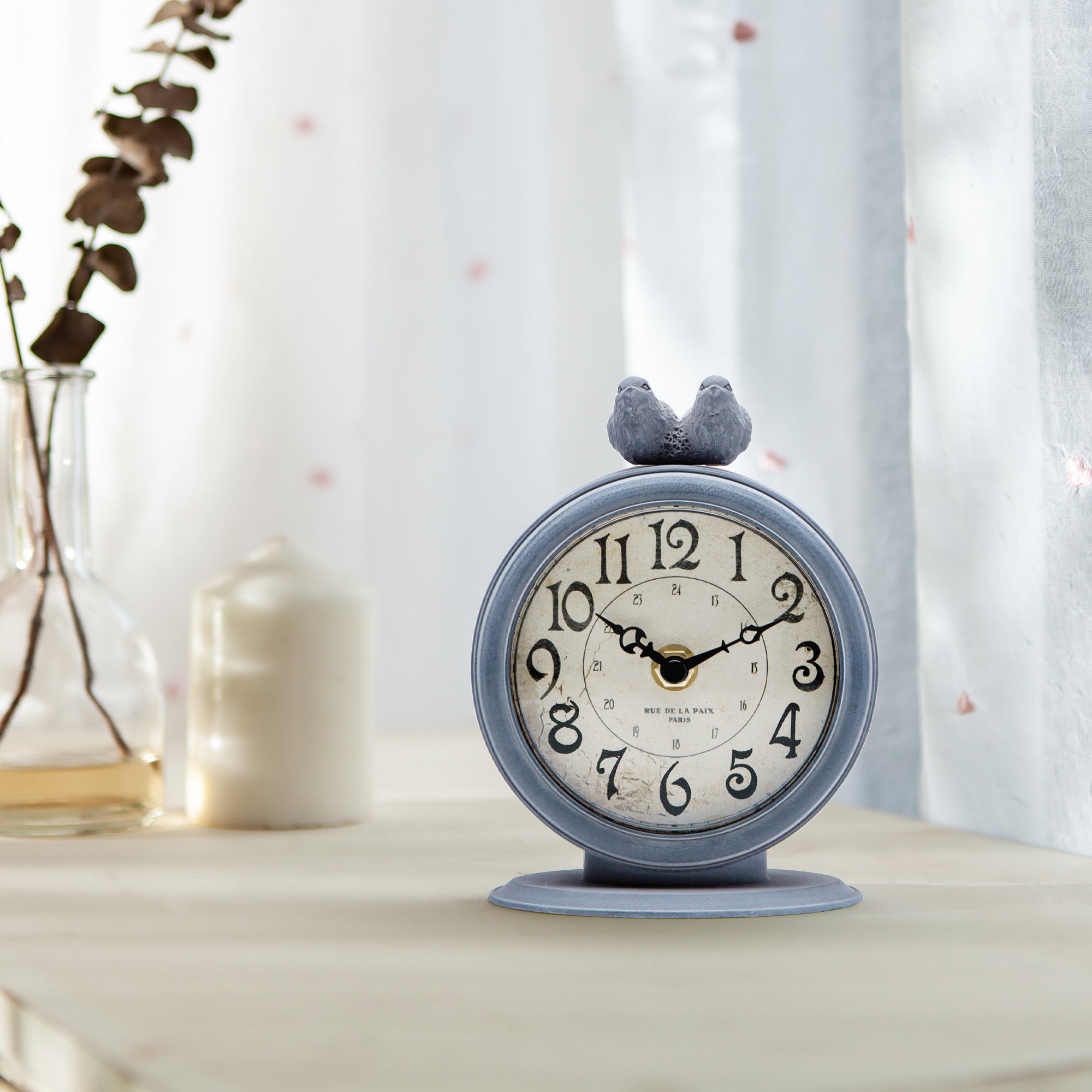 Pewter Table Clock With Birds - Nikky Home