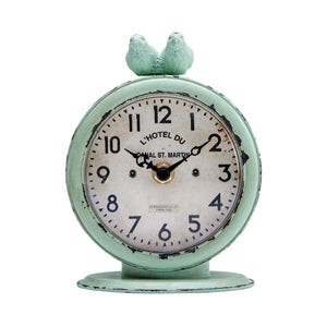 Nikky Home Table Clock Shabby Chic Aquamarine Pewter Round Quartz Distressed Desk Clock with 2 Birds Finial for Bedroom Living Room 5 x 6 Inch