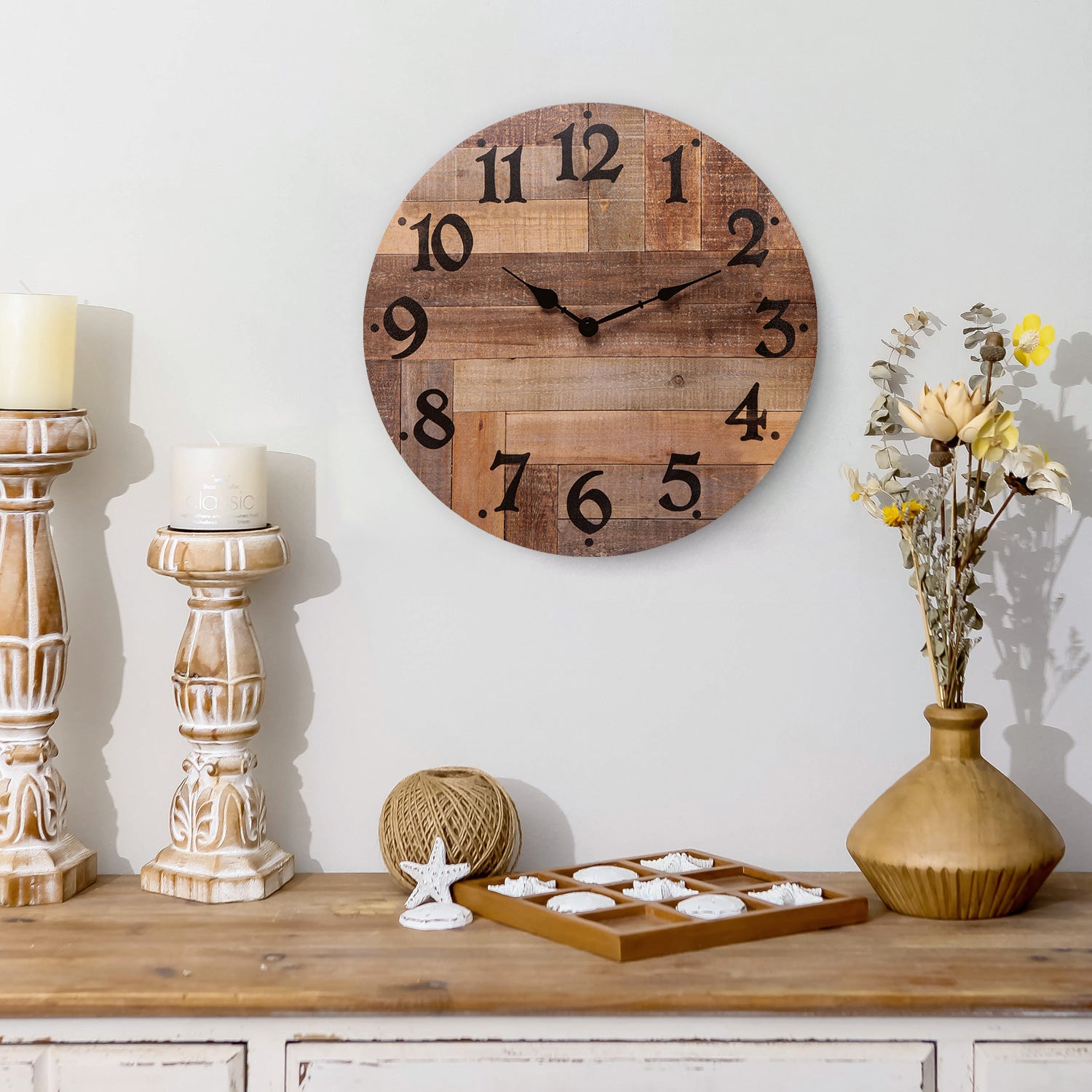 Nikky Home Wooden Round Wall Clock Farmhouse-styled 15.75 Inches Diameter