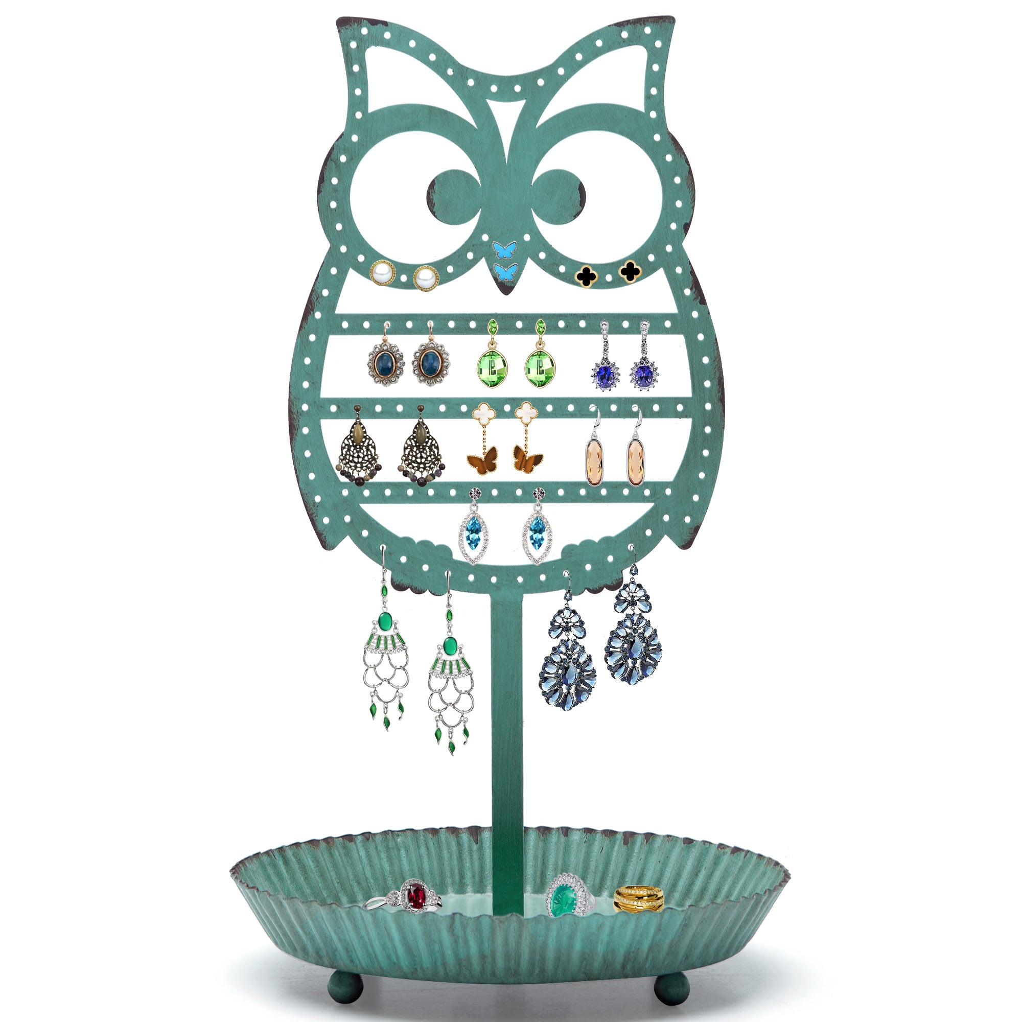 Nikky Home Female Earring Holder Distressed Owl Shape Jewelry Organizer Tray for Necklace Ring Bracelet for Bedroom Bathroom 13 × 8 Inch