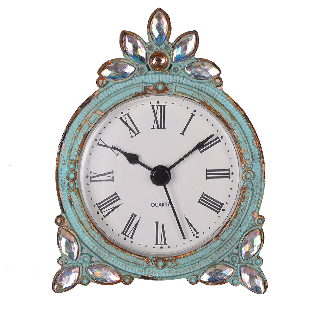 Nikky Home Table Clock Shabby Chic Weathered Aqua Pewter Quartz Small Desk Clock with Crystal Shining Rhinestone 2.87 x 3.87 Inch