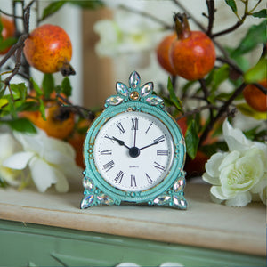 Nikky Home Table Clock Shabby Chic Weathered Aqua Pewter Quartz Small Desk Clock with Crystal Shining Rhinestone 2.87 x 3.87 Inch