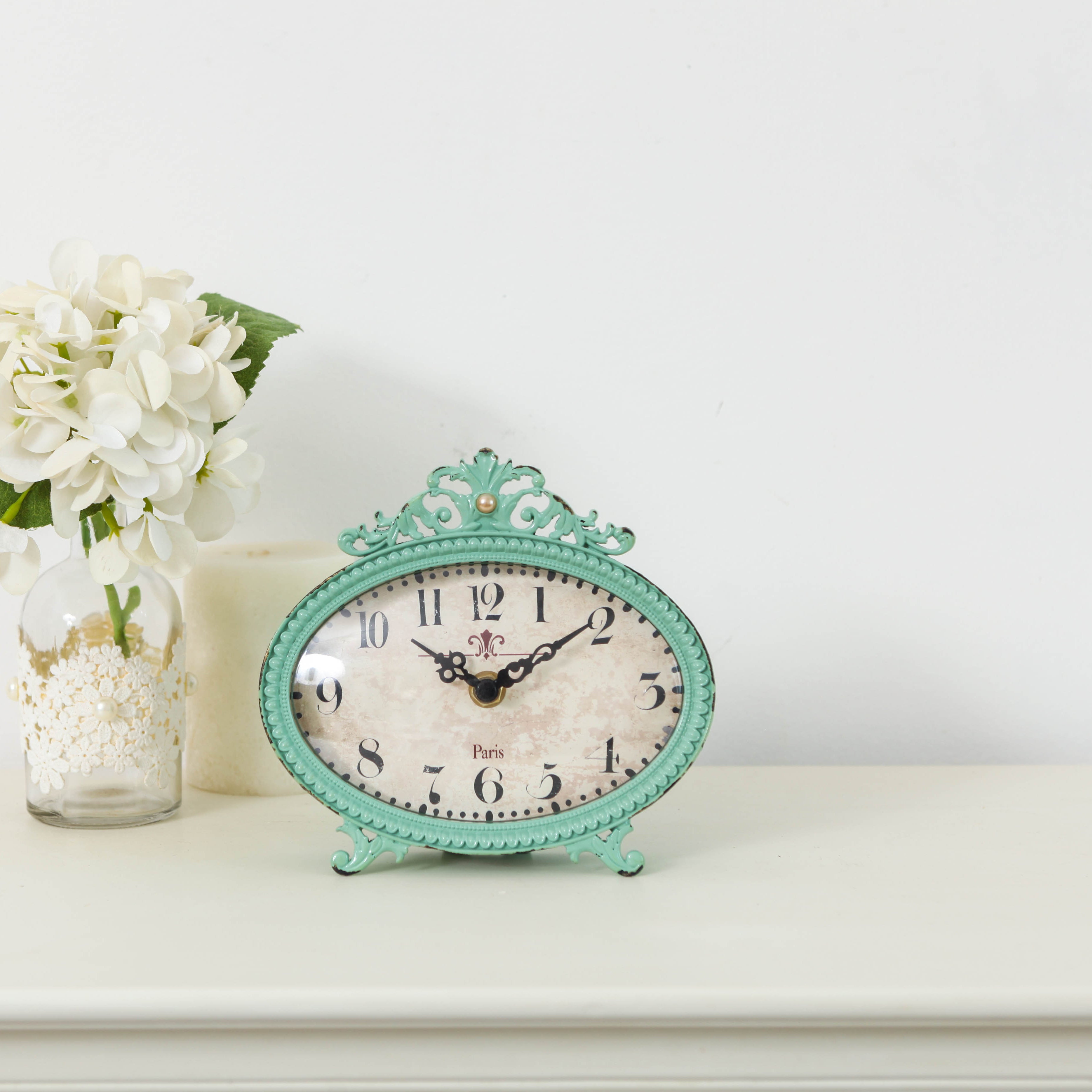 Nikky Home Table Clock Shabby Chic Pewter Teal Oval Distressed Desk Clock 6.1 × 6.5 Inch Turquoise Aqua Vintage Silent Battery Operated